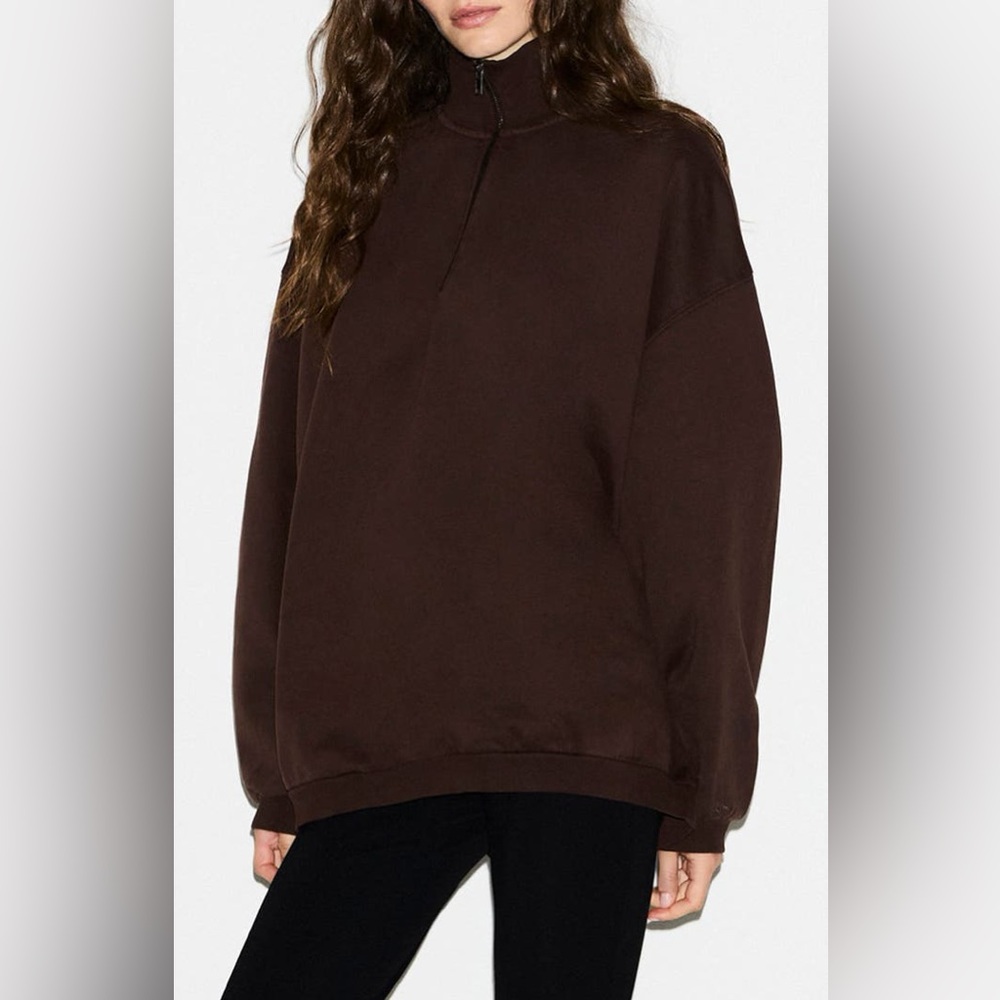NWT SKIMS Boyfriend Fleece Slouchy Half Zip in Espresso - Picture 3 of 5